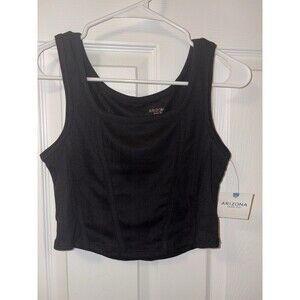 Arizona Jean Co Cropped Tank Ribbed Eyelet Black Curved Hem Sz Large Brand New